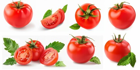 A set of fresh delicious tomatoes with leaves on a white background