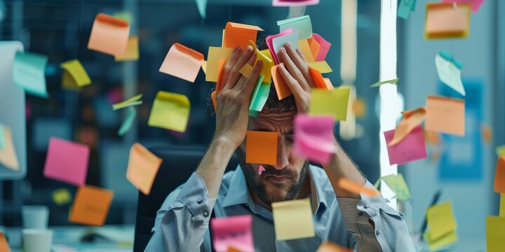 Stressed professional overwhelmed by sticky notes symbolizing mental health challenges and burnout. Concept Mental Health Awareness, Workplace Stress, Burnout Prevention, Coping Mechanisms