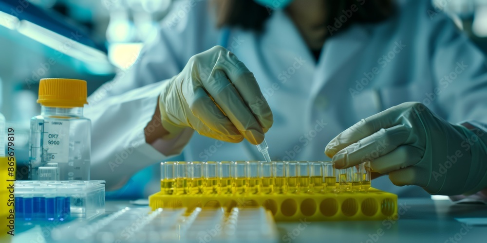 Poster researcher working in a biotechnology lab biochemical engineer working with microplate in a laborato