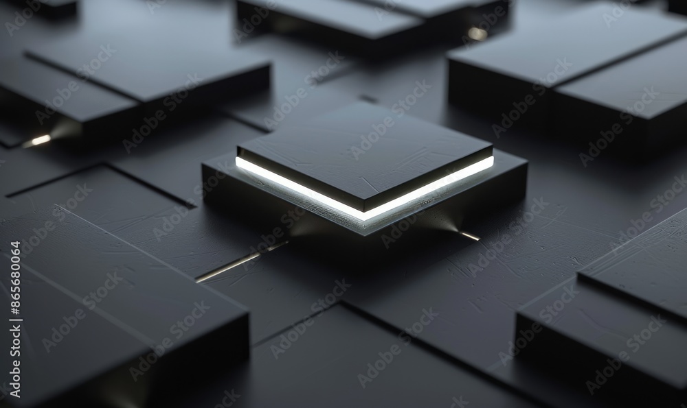 Poster minimalist tech background with raised square and white illuminated edge.