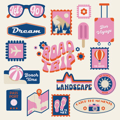 Set of travel stickers in retro style. Vintage collection of isolated badges and stamps. Nostalgia of 80s