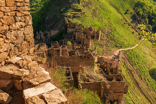 View from above to the southern part of the abandoned ancient village of Ghost Gamsutl in Dagestan