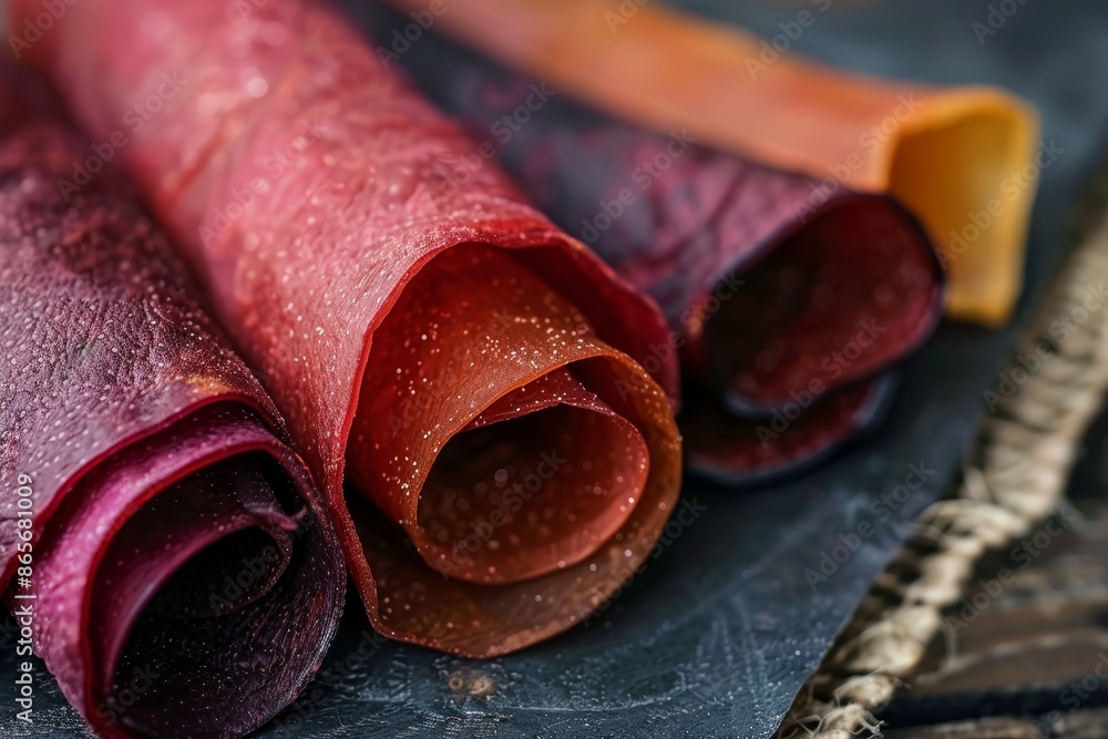 Sticker close up of homemade healthy fruit leather roll pastille dried fruit chips