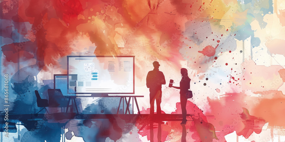 Poster an illustration of two people in silhouette discussing data on a screen in an office setting with a 