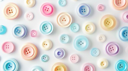 A collection of colorful buttons arranged on a clean white surface