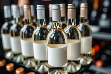Assortment of white wine bottles with blank labels, neatly arranged on a display shelf in a retail or winery setting