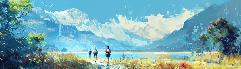 Athletes participating in an ecomarathon through scenic landscapes, vibrant, nature, digital art