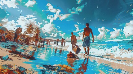 Athletes participating in beach cleanup before a competition, vibrant, nature, digital art