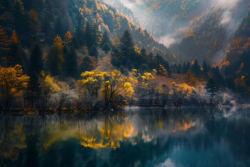 Naklejka premium Picturesque landscape of the Jiuzhaigou Valley in China known for its colorful lakes and dense forests 