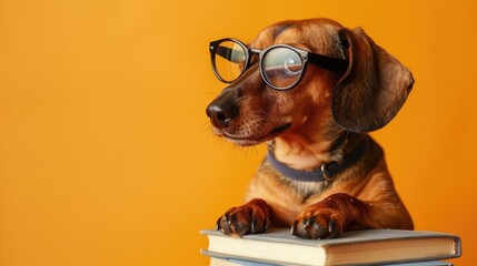 Dachshund in professor costume with books on orange background for back to school theme