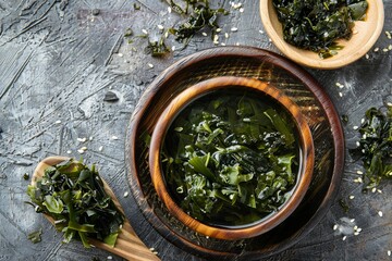 Dried seaweed on wooden plate ingredient for soup