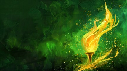 Green energypowered Olympic flame, glowing, renewable, digital painting
