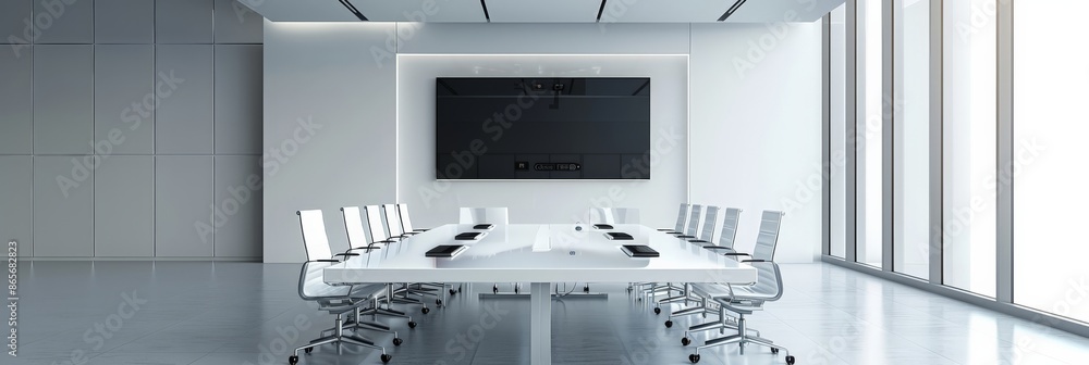 Poster minimalistic boardroom with a long white table and chairs facing a large screen. suitable for busine
