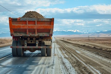 Dump truck driving on road seen from behind