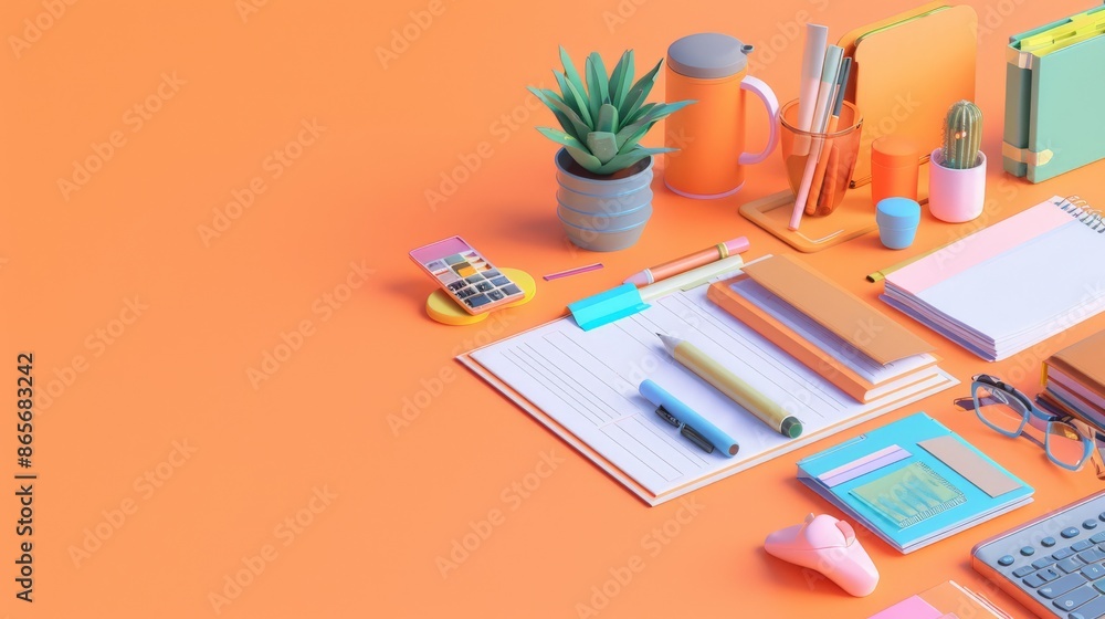 Poster vibrant home office setup with colorful stationery and a computer on an orange desk. great for creat