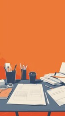 Neatly arranged office desk with various stationery items and coffee cup on an orange background. Perfect for business planning and office organization