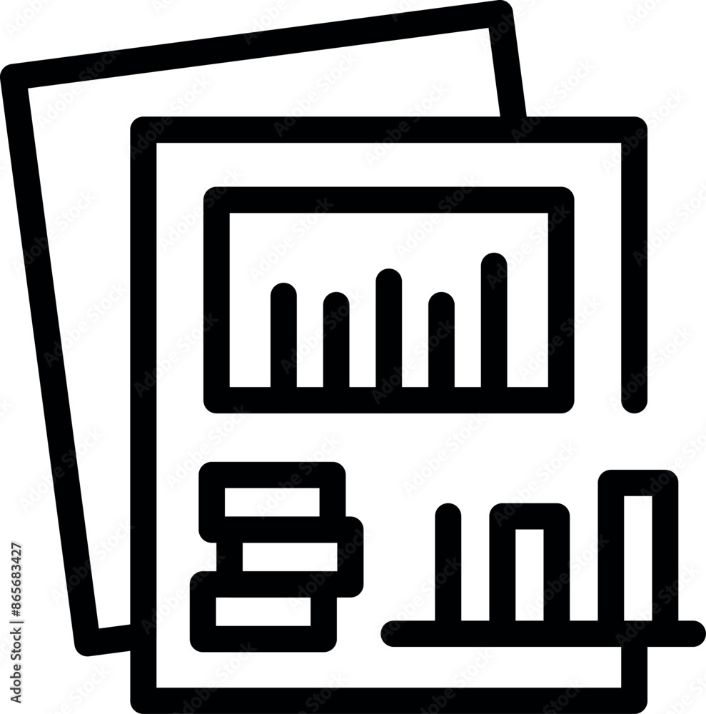 Poster line art icon of a business report showing statistical charts with growing bars for financial analys