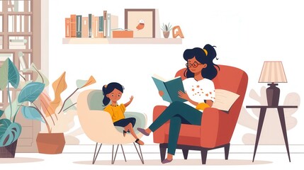 A mother reads a book to her young daughter in a cozy living room. The scene is filled with warmth and emphasizes the importance of early literacy. Generative AI