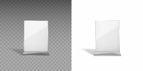 Stand or acrylic table tent, card holder isolated on transparent and white backgrounds. Vector empty flyer glass display. Plastic frame of photo, paper sheet mock up or restaurant menu