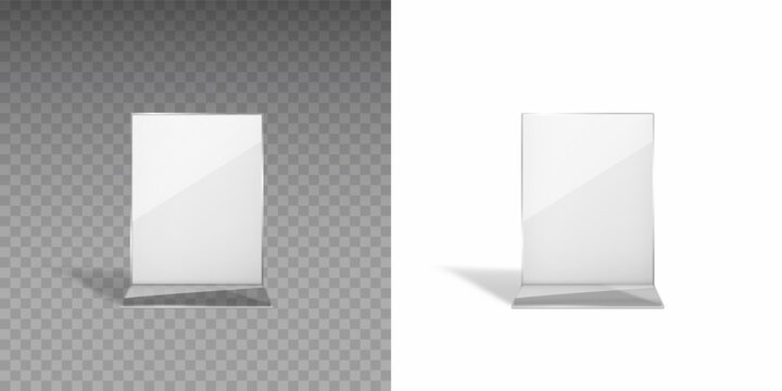 Stand or acrylic table tent, card holder isolated on transparent and white backgrounds. Vector empty flyer glass display. Plastic frame of photo, paper sheet mock up or restaurant menu