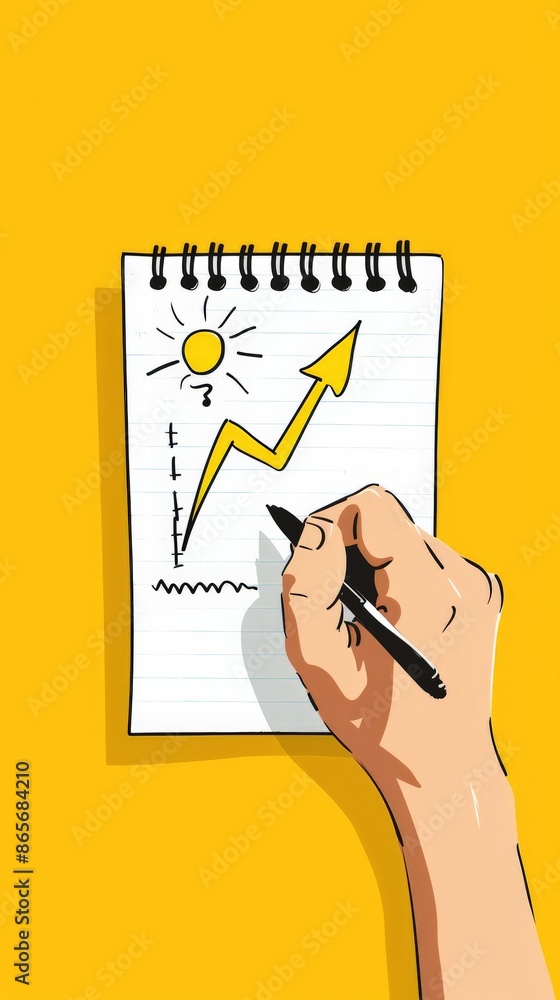 Poster hand drawing a rising arrow and sun symbol on a notepad against a yellow background. concept of grow