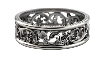 Ring mockup with silver band and engraved details, PNG file, transparent background, isolated on white