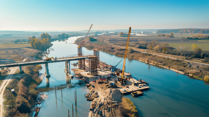 Naklejka premium Aerial view of a bridge under construction over a river