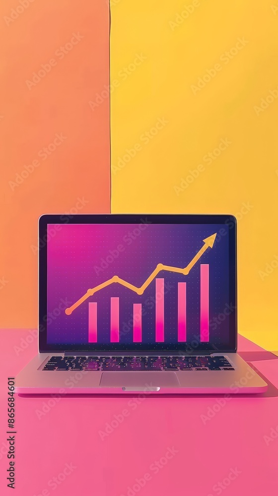 Poster laptop displaying a pink and yellow financial growth chart on a colorful background. vibrant busines
