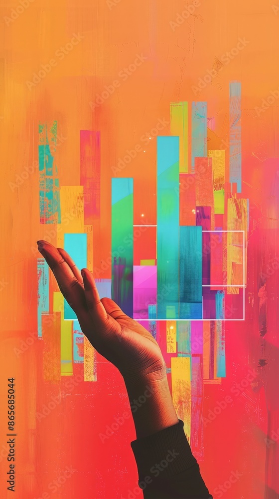Poster hand holding colorful data bars on an orange background. concept of business growth and data analysi