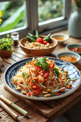 Somtam in a plate on a wooden table, papaya salad, Somtam is the name of a Thai food that has a spicy taste.