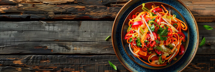Somtam in a plate on a wooden table, papaya salad, Somtam is the name of a Thai food that has a...