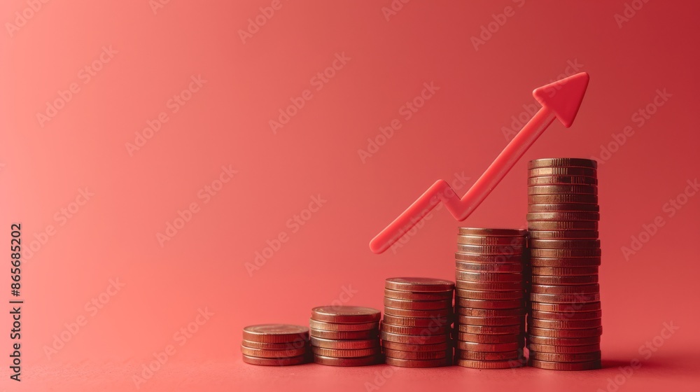 Poster stacks of coins with a red arrow pointing upward on a red background. financial growth and investmen