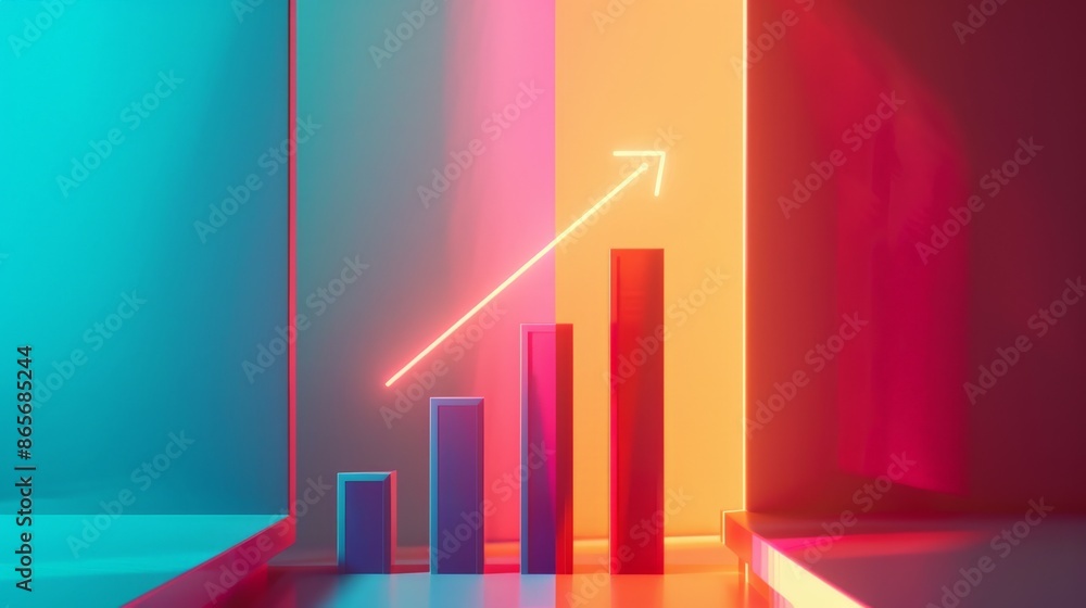 Poster neon lit bar graph with an upward arrow on a colorful background. business growth and futuristic fin