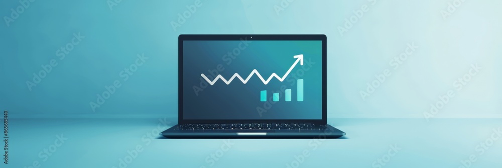 Poster laptop displaying a white and blue graph on a blue background. business analytics and digital market