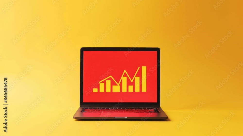Poster Laptop with a yellow and red bar graph on the screen against a yellow background. Business analytics and data visualization concept. Suitable for financial reports and presentations