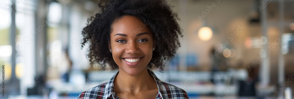 Canvas Prints African American woman wearing casual clothes smiles with confidence in office.