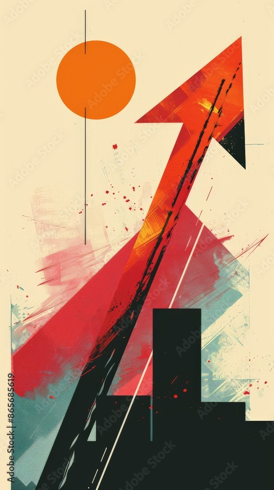 Poster abstract illustration of a red upward arrow with a cityscape background. business growth and urban d
