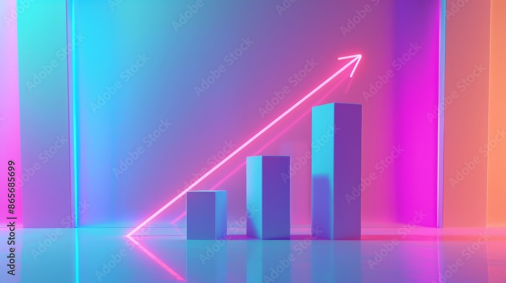 Aufkleber Neon lit bar graph with an upward arrow on a colorful background. Business growth and futuristic financial concept. Ideal for presentations and reports