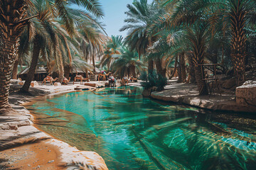 Serene oasis heart of Arabian Desert lush palm tree clear turquoise pool 
