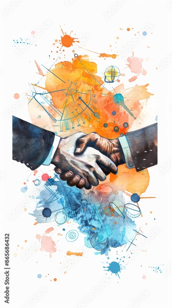 Poster abstract watercolor illustration of a handshake with business elements. business agreement and teamw