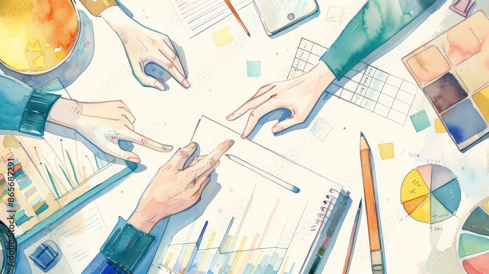 Poster illustrated hands pointing at business charts and graphs on a meeting table. ideal for team strategy