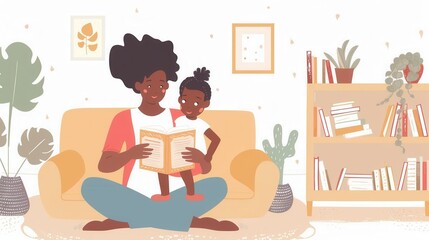 A mother sits on a yellow sofa, reading a book to her young daughter. The scene is warm and inviting, perfect for promoting early childhood literacy and the joy of reading. Generative AI