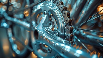 Close-up of a bicycle gear and chain in motion, mechanical details and engineering concept