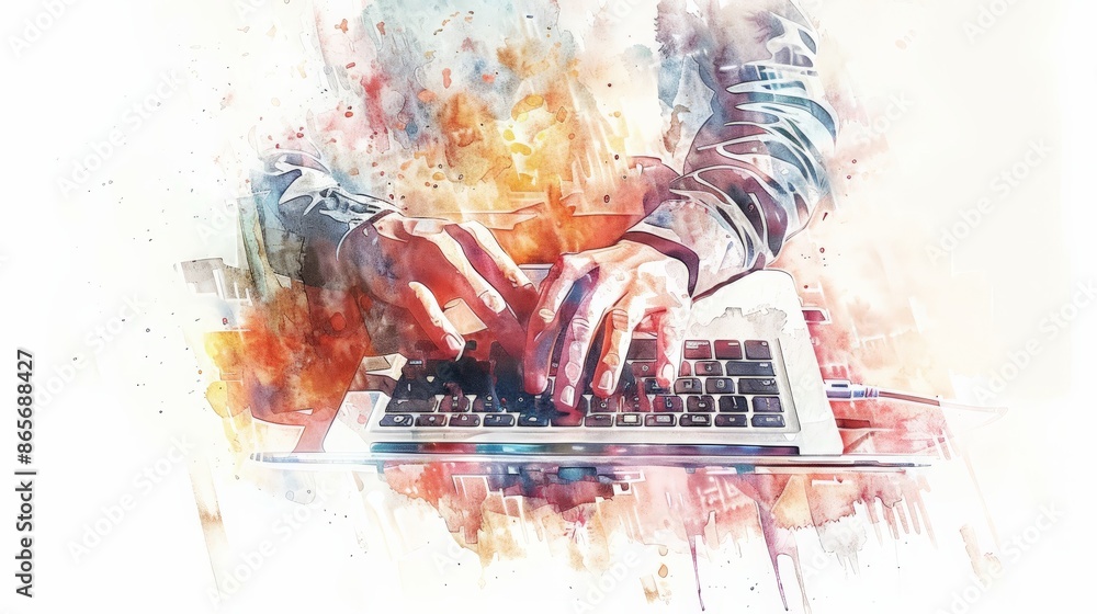 Poster abstract hands typing on a laptop with colorful background. ideal for business growth and digital ma