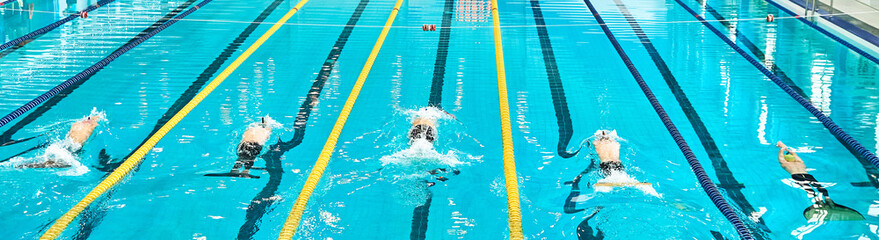 Banner of aquatics monofin underwater sports. Athletes competing in blue swimming pool.