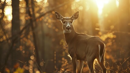 a deer in an autumn forest illuminated by sunset