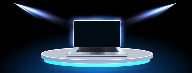 Futuristic Laptop with Radiant Blue Light on Dark Background, Symbolizing Advanced Technology and Cyber Security