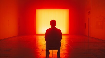 A man sits in a chair in a room with a red wall