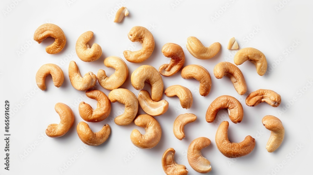 Poster top view of roasted cashew nuts on a white background with full depth of field and clipping path