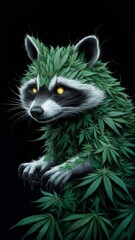 Obraz premium A whimsical raccoon adorned with lush green leaves and plants, set against a dark background. ideal for nature-themed designs, posters, and creative projects.